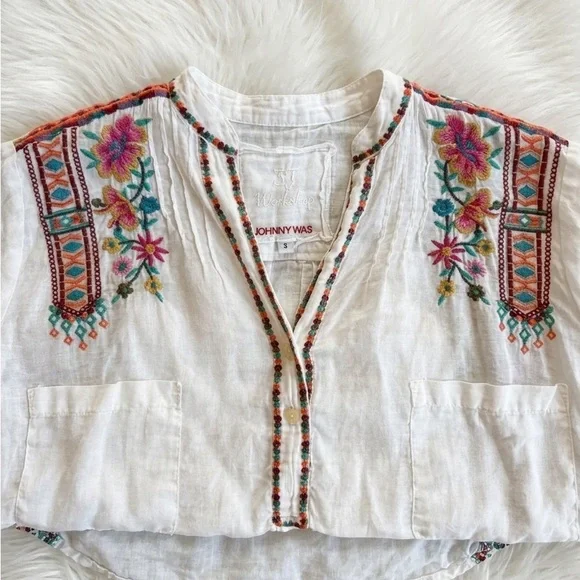 Johnny Was White Embroidered Linen Tunic with Pink & Teal Floral Accents - Picture 2 of 9